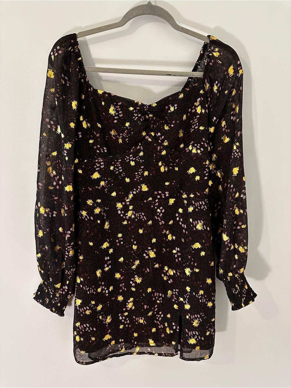 Sage Black Floral Mini Dress with Yellow and Pink Accents